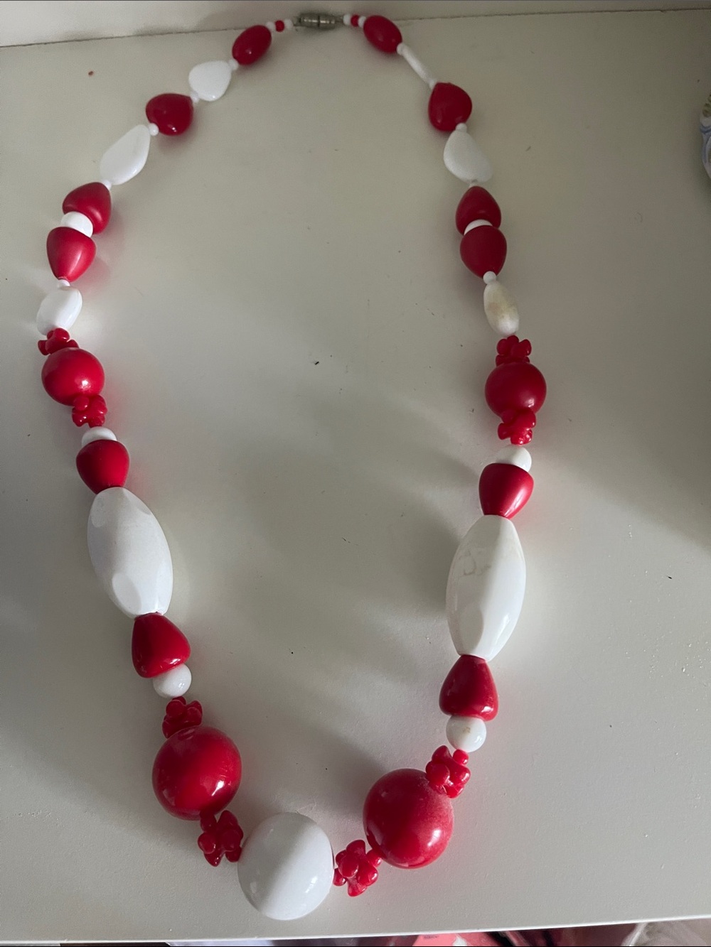 Red and White Beaded Statement Necklace - Women's Jewelry
